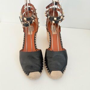 Valentino Garavani Black Leather Espadrille Wedge Sandals with Gold Studs